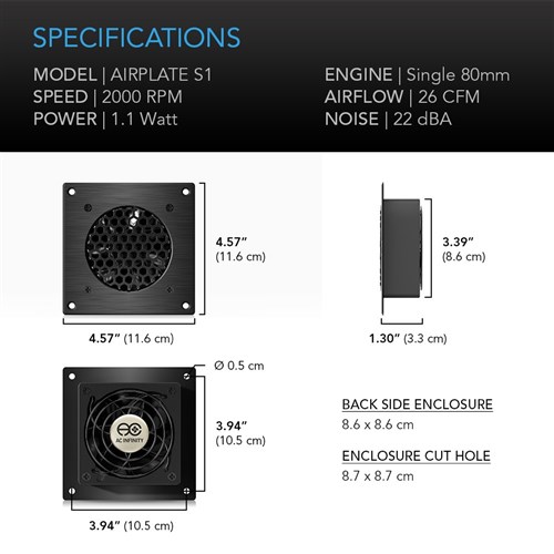 Airplate S1 80mm Cabinet cooler 26CFM @ 17dbA AC Infinity